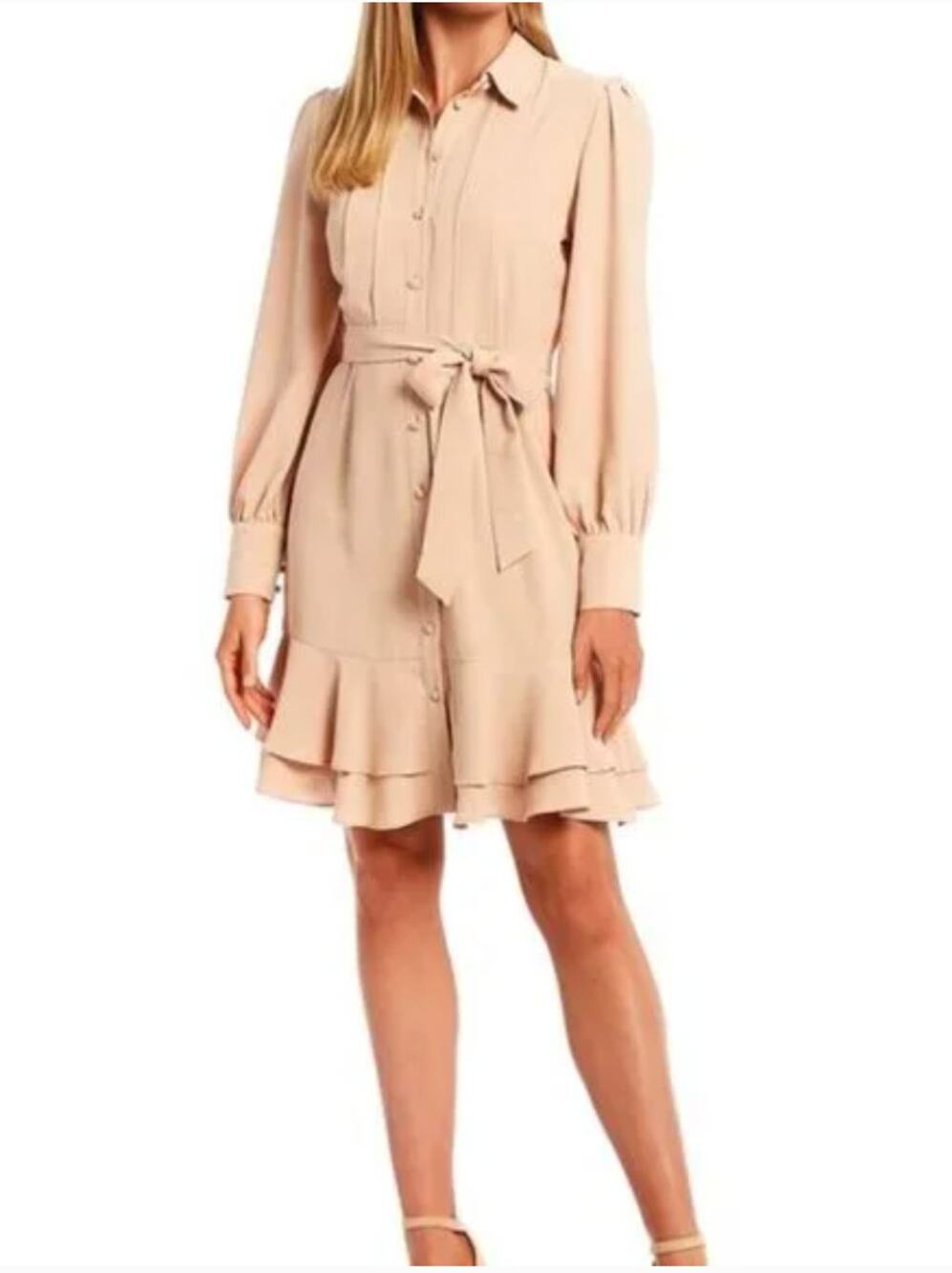 Alex Marie Jesse Shirtdress Womens 12 Beige Button Up Pleated Ruffle Classic